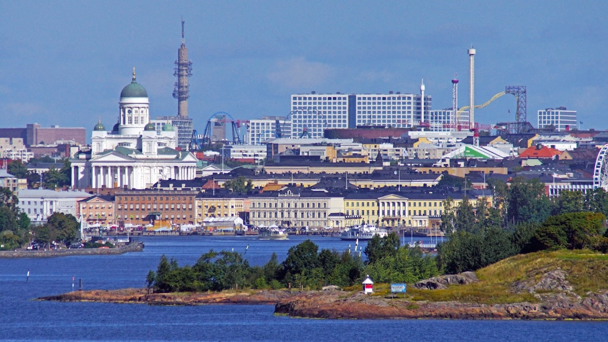 Helsinki, Finland skyline from a distance. Picture taken from a cruise ship quite far from the shore on a summer day.
